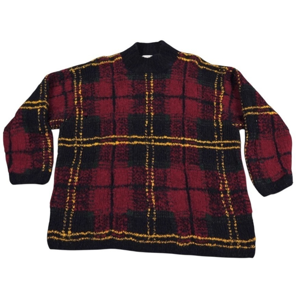 VTG Jones New York Sport Sweater Women L Red Navy Tartan Wool Hand Knit Gorpcore